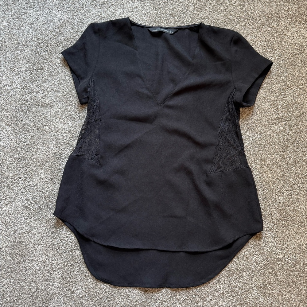 Zara Black V-Neck Blouse with Lace Detail